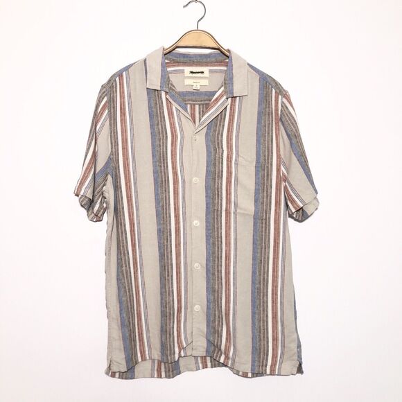 Madewell Shirt Men’s Small Beige Easy Short-Sleeve Stripe Linen Faded Wicker New - Picture 2 of 15
